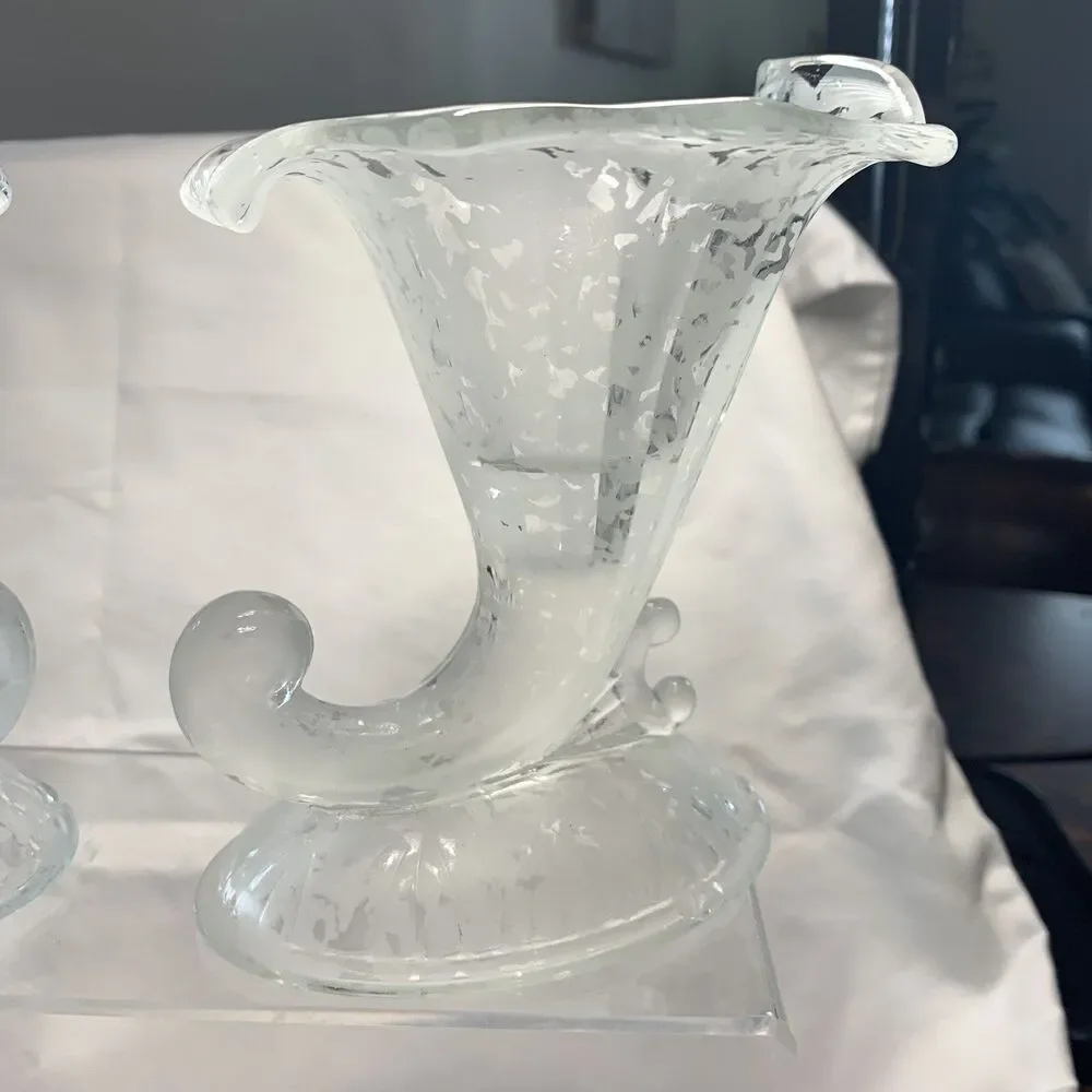 Fenton San Toy Crystal Pair Cornucopias Candle Holders Frosted Etching VTG